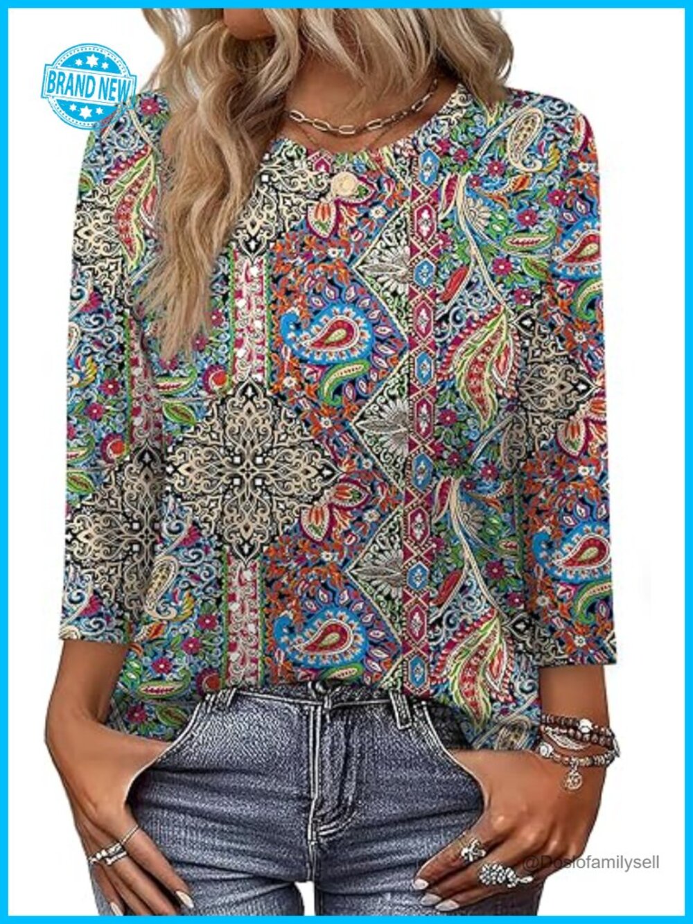 3/4 Sleeve Crew Neck Loose Fit T-Shirt Dressy Casual Blouse